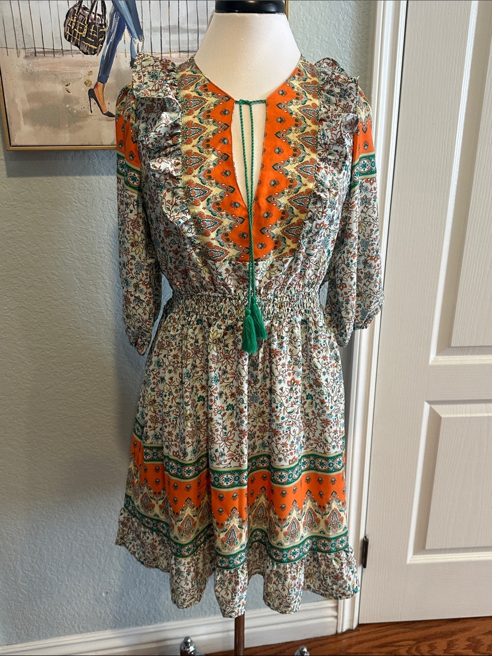Umgee Sz Medium Orange & Green Boho Tie-Front Mini Dress with Tassels • NWT!